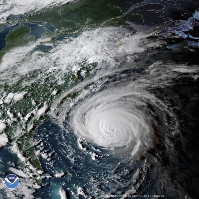 This enhanced satellite image made available by NOAA shows Hurricane Florence off the eastern coast of the United States on Wednesday, Sept. 12, 2018 at 5:52 p.m. EDT. (AP)