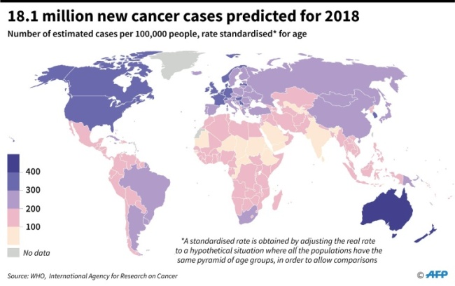 Estimates per country for the number of new cancer cases in 2018 per 100,000 people, according to the World Health Organisation. (AFP)