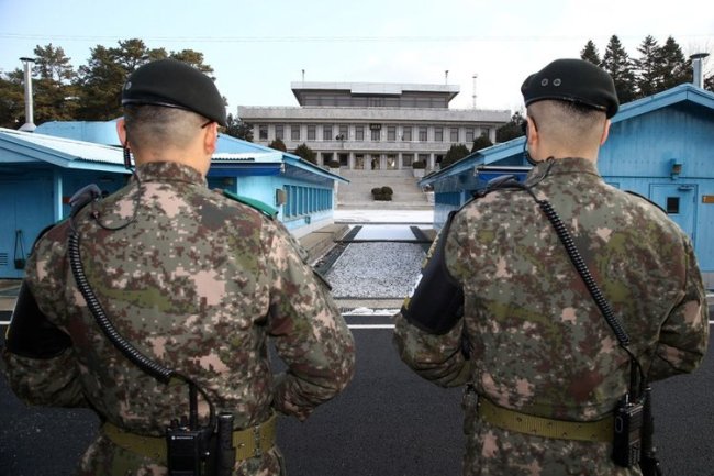 In a file photo taken on Jan. 18, South Korean soldiers stand guard at the truce village of Panmunjom (Reuters)