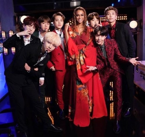 Tyra Banks and BTS on “America’s Got Talent.” (Tyra Banks’ Instagram)