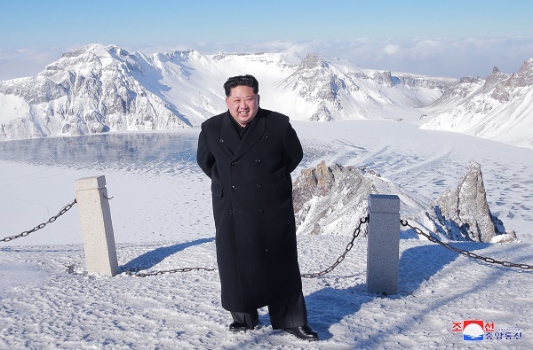 North Korean leader Kim Jong-un visits Mt. Paektu, North Korea’s Korean Central News Agency reported in December 2017. (Yonhap)