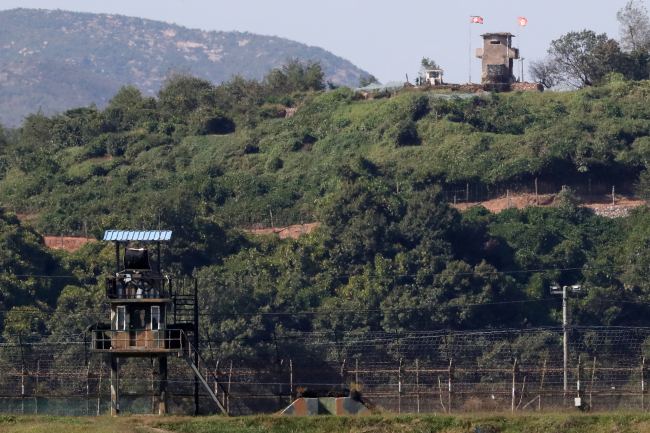 Two Koreas' guard posts stand each other across the DMZ. Yonhap