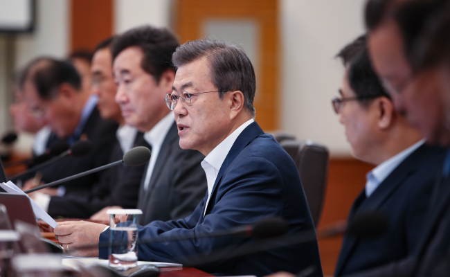 President Moon Jae-in speaks at the Cabinet meeting on Monday. Yonhap