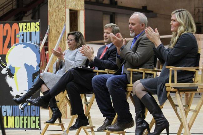 New Mexico Gov. Susana Martinez, from left, Albuquerque Mayor Tim Keller, Neflix vice president for physical production Ty Warren and Albuquerque film liaison Alcia Keyes headline a news conference at ABQ Studios in Albuquerque, New Mexico on Monda, Oct. 8, 2018. (AP)