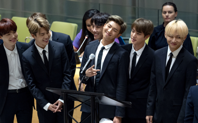 BTS speaks at the UN General Assembly in New York on Sept. 24. (Yonhap)