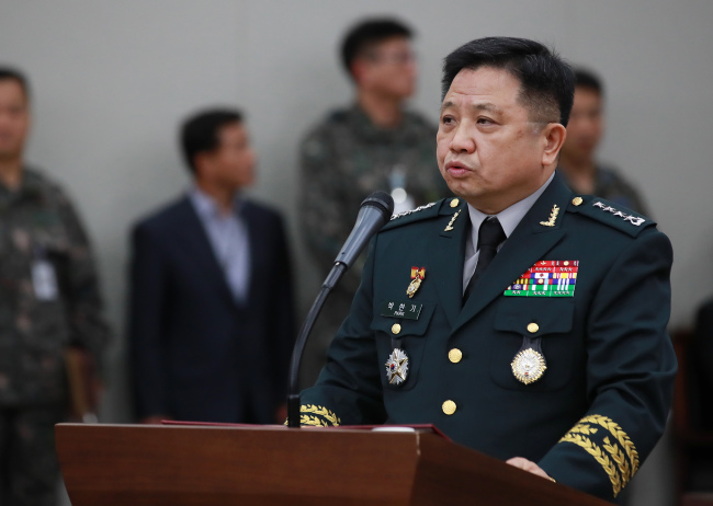 Gen. Park Han-ki, the chairman of the Joint Chiefs of Staff, speaks during a parliamentary audit at the JCS headquarters in Seoul on Oct. 12. (Yonhap)