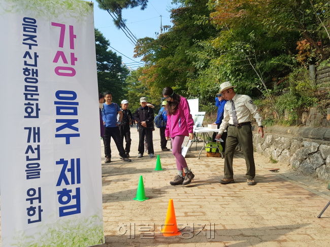기자도 직접 음주 고글을 끼고 가상 음주산행을 해봤다. 고글을 끼자마자 어지러워서 제대로 걸을 수가 없었다. [정세희 기자/say@heraldcorp.com]
