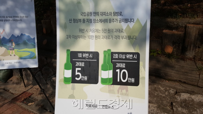 캠페인 현장에 놓인 음주 산행 금지 안내 포스터. [정세희 기자/say@heraldcorp.com]