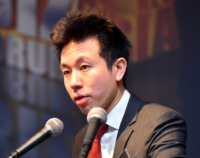 Geoffrey See, founder and the CEO of Choson Exchange, speaks at The Korea Herald Biz Forum in Seoul on Tuesday. (Park Hyun-koo/The Korea Herald)