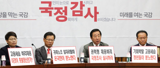 자유한국당 김성태 원내대표(오른쪽 두번째)가 19일 오전 국회에서 열린 국정감사 대책회의에서 발언하고 있다. [사진=연합뉴스]