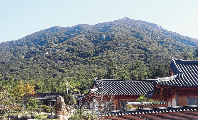목재문화체험장에 본 마복산의 산세. 산등성이 곳곳에 서 있는 기암괴석들이 이채롭다.  [사진=헤럴드DB]
