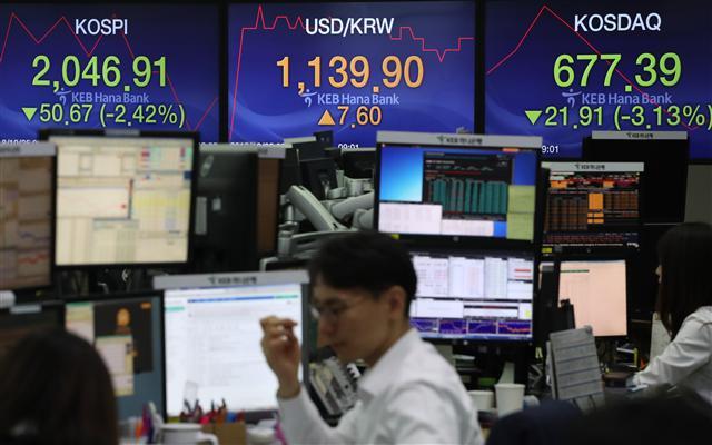 코스피가 폭락세로 출발한 25일 오전 서울 중구 을지로 KEB하나은행 본점 딜링룸에서 딜러들이 업무를 시작하고 있다.  [연합뉴스]