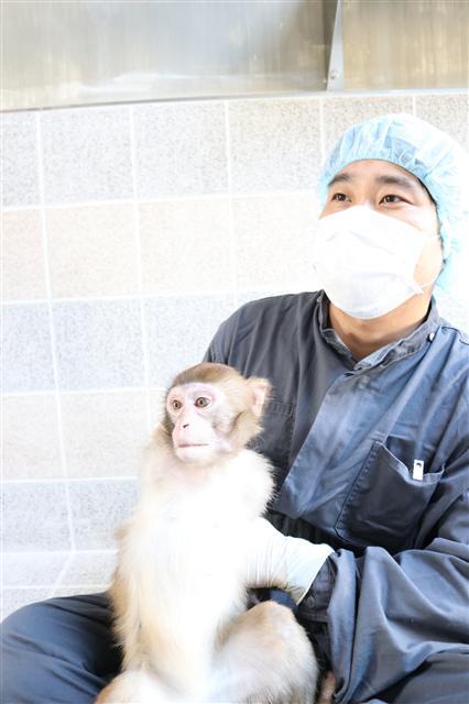 생명연 영장류자원지원센터 사육사가 붉은털원숭이를 안고 있다. [제공=생명硏]