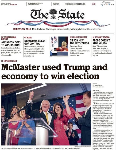 <YONHAP PHOTO-0204> In this Wednesday, Nov. 7, 2018 image the State newspaper front page is shown, in Columbia, S.C. Publication deadlines lead The State newspaper in Columbia to go to print showing the wrong winner for what turned out to be the state's most significant call in this year's midterm elections. The Associated Press called the race for Democrat Joe Cunningham at 2 a.m. Wednesday. With all precincts reporting, he defeated Republican Katie Arrington by just more than 4,000 votes. (The State via AP)/2018-11-08 01:18:43/ <저작권자 ⓒ 1980-2018 ㈜연합뉴스. 무단 전재 재배포 금지.>