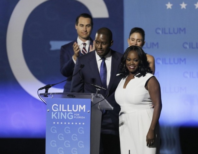 Florida Gubernatorial Democratic candidate Mayor Andrew Gillum gives his concession speech along side his wife First Lady R. Jai Gillum, running mate Chris King and his wife Kristen King on the campus Florida A&M University in Tallahassee, Fla., on Tuesday, Nov. 6, 2018. (AP)