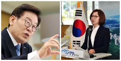 이재명 경기도지사(왼쪽)과 은수미 성남시장(오른쪽). '시민이 시장'이라는 은수미 시장 앞에 쓰여진 문구가 눈에 띈다.
이재명 경기도지사(왼쪽)과 은수미 성남시장(오른쪽). '시민이 시장'이라는 은수미 시장 앞에 쓰여진 문구가 눈에 띈다.