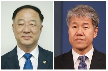 홍남기 경제부총리 겸 기획재정부 장관 후보자(왼쪽), 김수현 청와대 정책실장.[사진=연합뉴스]
홍남기 경제부총리 겸 기획재정부 장관 후보자(왼쪽), 김수현 청와대 정책실장.[사진=연합뉴스]