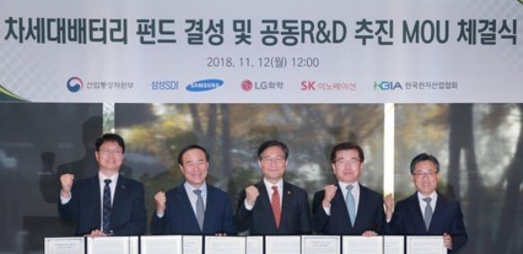 Sung Yun-mo (C), South Korea's minister of trade, industry and energy, poses after signing a memorandum of understanding with representatives of three battery makers -- SK Innovation Co., Samsung SDI Co. and LG Chem Ltd. -- to create a fund and joint research and development of the next-generation battery technology, during a ceremony in Seoul on Nov. 12, 2018, in this photo provided by the ministry. (Yonhap)