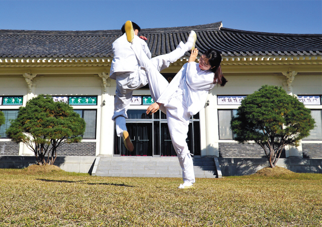 ①  전통 국궁의 명맥을 이어가는 제천 수산슬로시티의 옥순정 궁도장에서 관광객들이 국궁체험을 하고 있다.
②  여성 택견 고단자 문혜민(오른쪽)씨가 느릿하게 움직이다가 갑자기 발공격을 하면서 남성 상대를 제압하고 있다.
③  만종리대학로극장(대표 허성수)의 ‘고구려 온달과 평강이야기’는 1500년 그때로 시계를 되돌린다. 사진은 온달과 결혼하기 위해 궁을 떠나겠다는 평강공주를 연기하는 장면.