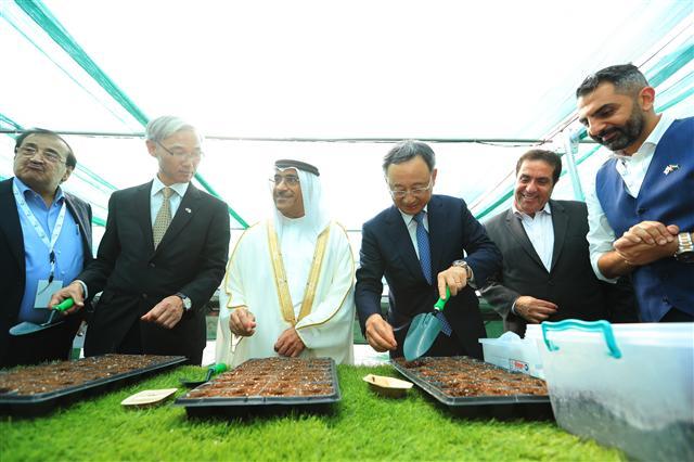 UAE 장애인 맞춤형 스마트팜에서 황창규 KT 회장(왼쪽 세 번째)과 전영욱 주두바이 한국총영사(왼쪽 첫 번째), 셰이크 사이드 빈 사크르 빈 술탄 알 카시미 샤르자 통치기구 부의장(왼쪽 두 번째)이 꽃삽을 들고 모종을 하고 있다. [제공=KT]