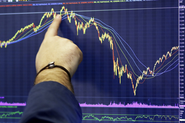 <YONHAP PHOTO-0868> A trader follows a chart, Monday, Nov. 19, 2018, at the New York Stock Exchange. Big technology and internet companies came under heavy selling pressure again on Monday, leading to broad losses across the stock market. The Dow Jones Industrial Average briefly fell 500 points. (AP Photo/Mark Lennihan)/2018-11-20 06:05:17/ <저작권자 ⓒ 1980-2018 ㈜연합뉴스. 무단 전재 재배포 금지.>
<YONHAP PHOTO-0868> A trader follows a chart, Monday, Nov. 19, 2018, at the New York Stock Exchange. Big technology and internet companies came under heavy selling pressure again on Monday, leading to broad losses across the stock market. The Dow Jones Industrial Average briefly fell 500 points. (AP Photo/Mark Lennihan)/2018-11-20 06:05:17/ <저작권자 ⓒ 1980-2018 ㈜연합뉴스. 무단 전재 재배포 금지.>