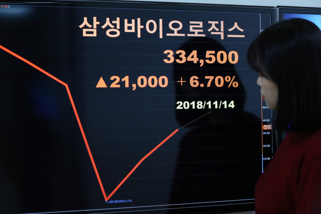 11월 14일 종가 33만4500원을 기록한 삼성바이오로직스는 15일부터 거래정지됐다.  [사진=연합뉴스]
11월 14일 종가 33만4500원을 기록한 삼성바이오로직스는 15일부터 거래정지됐다.  [사진=연합뉴스]