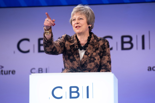 British Prime Minister Theresa May delivers a keynote speech at the annual conference of the Confederation of British Industry (CBI) in London, Britain, on Nov. 19, 2018. Theresa May on Monday enlisted British business leaders to back her much-criticized Brexit deal, insisting that she would not make any change to the draft divorce agreement between London and Brussels. (Yonhap)