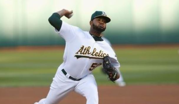 In this Getty Images file photo from Sept. 23, 2017, Raul Alcantara, then with the Oakland Athletics, pitches against the Texas Rangers during the first inning of a Major League Baseball regular season game at Oakland Alameda Coliseum in Oakland, California. Alcantara signed with the South Korean club KT Wiz on Nov. 19, 2018. (Yonhap)