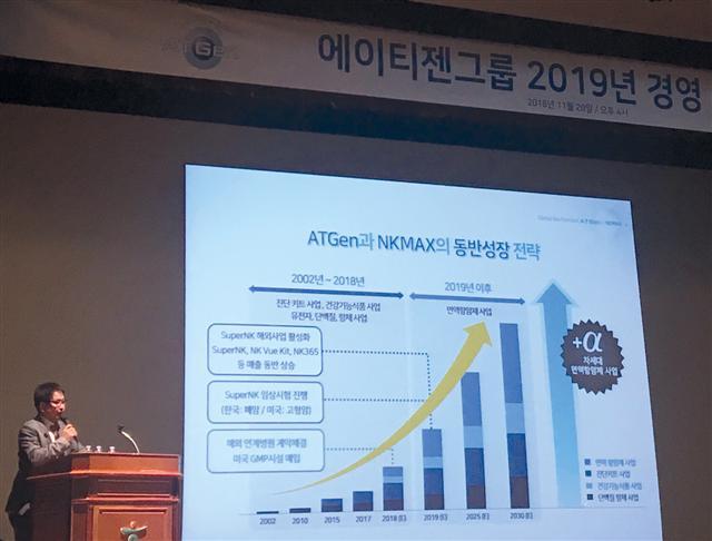 박상우 에이티젠 대표가 지난 20일 서울 여의도 하나금융투자 빌딩에서 열린 기업설명회(IR)에서 내년 경영 전망을 설명하고 있다.