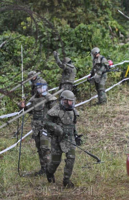 지난달 비무장지대(DMZ) 지뢰제거 작전 현장에 투입된 장병들이 지뢰제거 작전을 실시하는 모습. [사진=헤럴드경제DB]