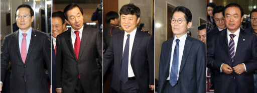 더불어민주당 홍영표(왼쪽부터), 자유한국당 김성태 원내대표, 바른미래당 유의동 원내수석부대표, 정의당 윤소하, 민주평화당 장병완 원내대표가 21일 회동을 위해 국회의장실로 각각 들어서고 있다. (사진=연합뉴스)
