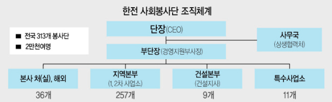 한전 사회봉사단(단장 김종갑)이 ‘세상에 빛을, 이웃에 사랑을’이라는 슬로건 아래 복지관 차량 제공,전력그룹사 이전지역 농수축산물 박람회 개최, 노사합동 글로벌봉사활동 등  다양한 사회공헌활동을 실시하고 있다. [제공=한국전력]