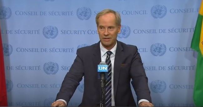 Permanent Representative of Sweden to the United Nations addresses the media at the UN on Wednesday. Screen captured from UN YouTube channel