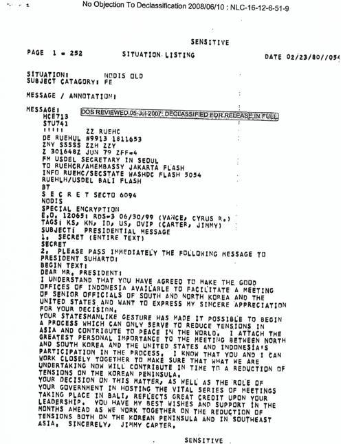 A copy of a diplomatic document showing President Jimmy Carter's letter to Indonesian President Suharto in June 1979. It was provided by James F. Person, a professor of Korean Studies at the Johns Hopkins School of Advanced International Studies. (Yonhap)
