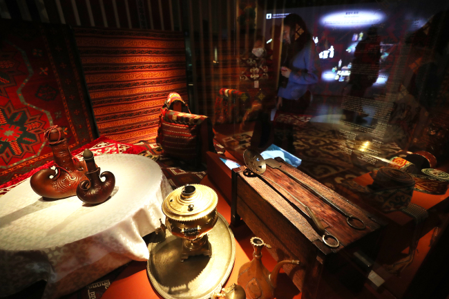 The interior of a yurt is shown at the exhibition “Kazakhstan-The Cradleland of the ‘Golden Man.’” (Yonhap)