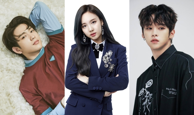 From left, Jin-young of GOT7, Na-yeon of Twice, Lee Know of Stray Kids (JYP Entertainment)