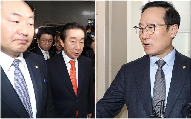 더불어민주당 홍영표(사진 오른쪽)와 자유한국당 김성태(가운데), 바른미래당 김관영 원내대표가 5일 오전 국회에서 내년도 예산안 처리 협상을 하기 위해 운영위원장실로 들어가고 있다.  [연합뉴스]