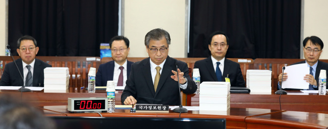 National Intelligence Service Director Suh Hoon (center) attends a session with the National Assembly's Intelligence Committee on Wednesday. Yonhap