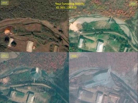 CNN이 공개한 북한 영저동과 일대 미사일 기지 위성사진. 상단 왼쪽 2013년 위성사진과 비교할 때 하단 오른쪽 2018년 위성사진에는 이 일대의 시설이 늘어난 것이 보인다.
[사진=CNN·미들베리국제학연구소]