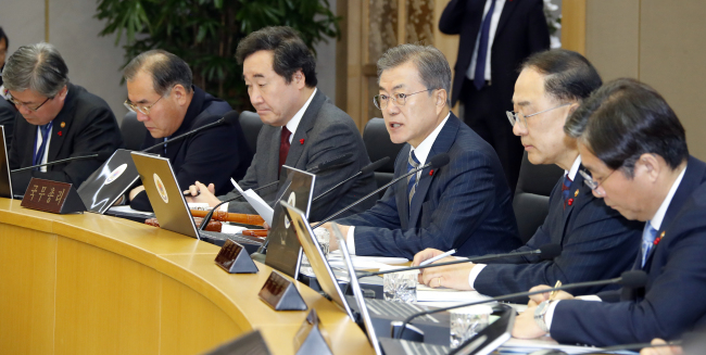 President Moon Jae-in holds a Cabinet meeting in Sejong on Tuesday. Yonhap