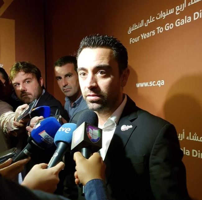 Former FC Barcelona football player Xavi Hernandez, who is now with Qatari side Al Sadd, speaks to reporters during the design launch event for Lusail Stadium, the main venue of the 2022 FIFA World Cup in Qatar, in Doha on Dec. 15, 2018. (Yonhap)
