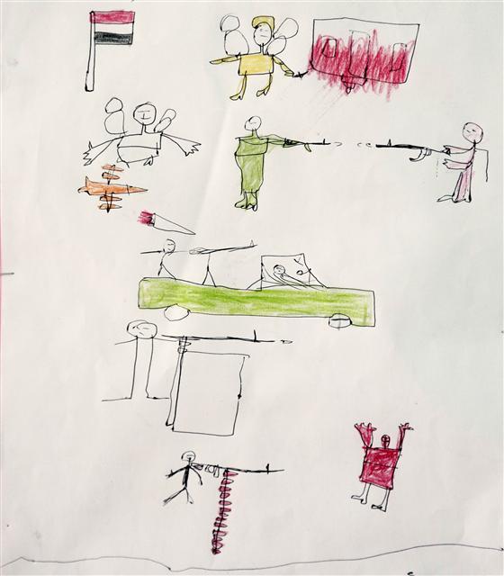 <YONHAP PHOTO-1303> This July 25, 2018 photo, shows a child's drawing displayed at the Rehabilitation Of Children Recruited and Impacted By War in Yemen Project center, in Marib, Yemen. While both sides in the four-year civil war have sent children into combat in violation of international human rights conventions, the Houthis are believed to have recruited many more than the coalition ? often forcibly. (Rehabilitation Of Children Recruited and Impacted By War in Yemen Project via AP)/2018-12-20 06:13:56/ <저작권자 ⓒ 1980-2018 ㈜연합뉴스. 무단 전재 재배포 금지.>
