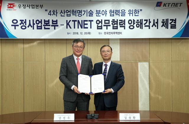 과학기술정보통신부 우정사업본부(본부장 강성주ㆍ사진 오른쪽)는 전자상거래 무역ㆍ물류 및 새로운 융복합 비즈니스 모델발굴에 블록체인, 빅데이터 등 4차 산업혁명기술 활용을 본격 추진키로 했다. 이를 위해 우정사업본부는 지난 20일 한국무역정보통신(KTNETㆍ대표 김용환)과 상호협력을 위한 MOU(양해각서)를 체결했다.  김영상 기자/ysk@