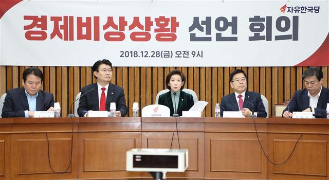 자유한국당 나경원 원내대표가 28일 오전 국회에서 열린 경제비상상황선언회의에서 발언하고 있다. 나 원내대표는 중소기업 관계자들이 참석한 가운데 개최한 회의에서 “문 대통령은 제대로 된 경제 정책을 실현할 수 있도록 소득주도성장 폐기는 물론이고, 한국 경제의 걸림돌이 되는 반기업 정서를 걷어내 달라”고 말했다.  [연합뉴스]