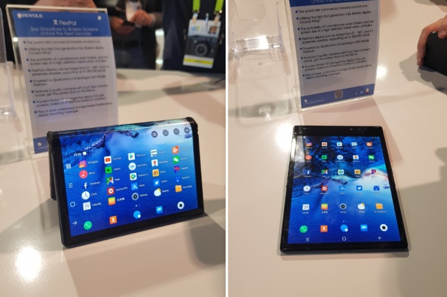 Royole's foldable phone FlexPai is on display at CES 2019 in Las Vegas, Tuesday (Sohn Ji-young/The Korea Herald)