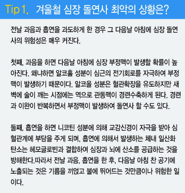 날씨가 갑자기 추워지면 협심증이나 심근경색증과 같은 심장병이나, 뇌출혈 등이 빈발한다.