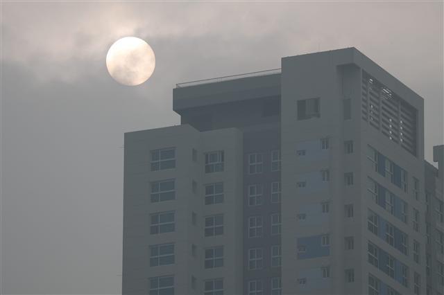 전국 미세먼지 농도가 ‘나쁨’ 이상인 14일 경기도 고양시에서 해가 흐릿하게 모습을 드러내고 있다.  [연합뉴스]