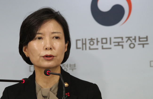 Lee Sook-jin, vice minister of gender equality and family, briefs the press in Seoul on Thursday on government actions to stop sexual violence and human rights breaches in the sports community. (Yonhap)