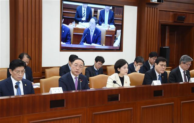홍남기(앞줄 왼쪽 2번째) 부총리 겸 기획재정부 장관이 23일 서울 광화문 정부서울청사에서 열린 ‘제6차 경제활력대책회의 겸 제4차 경제관계장관회의’에서 모두발언을 하고 있다. 홍 부총리는 올해 상반기 생활형 사회간접자본(SOC) 사업에 5조7000억원을 조기 집행하겠다고 밝혔다.
[제공=기획재정부]