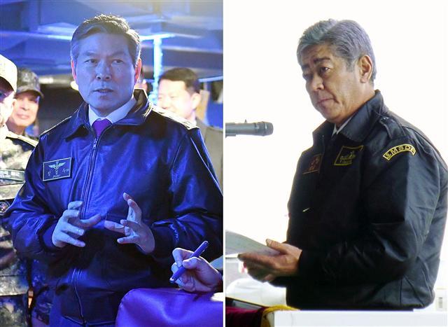 지난 26일 부산 해군작전사령부를 방문한 정경두 국방부 장관(왼쪽)과 지난 25일 초계기가 배치된 가나가와현 아쓰기 기지를 방문한 일본 이와야 다케시 방위상. 각각 조종사 복장으로 방문한 이 행보는 최근 양국간의 초계기를 둘러싼 갈등을 상징하고 있다.  [연합뉴스]